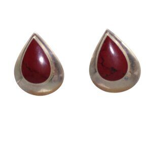 Bloodstone Bezel Set Cabochon Earrings, Sterling Silver Teardrop Studs